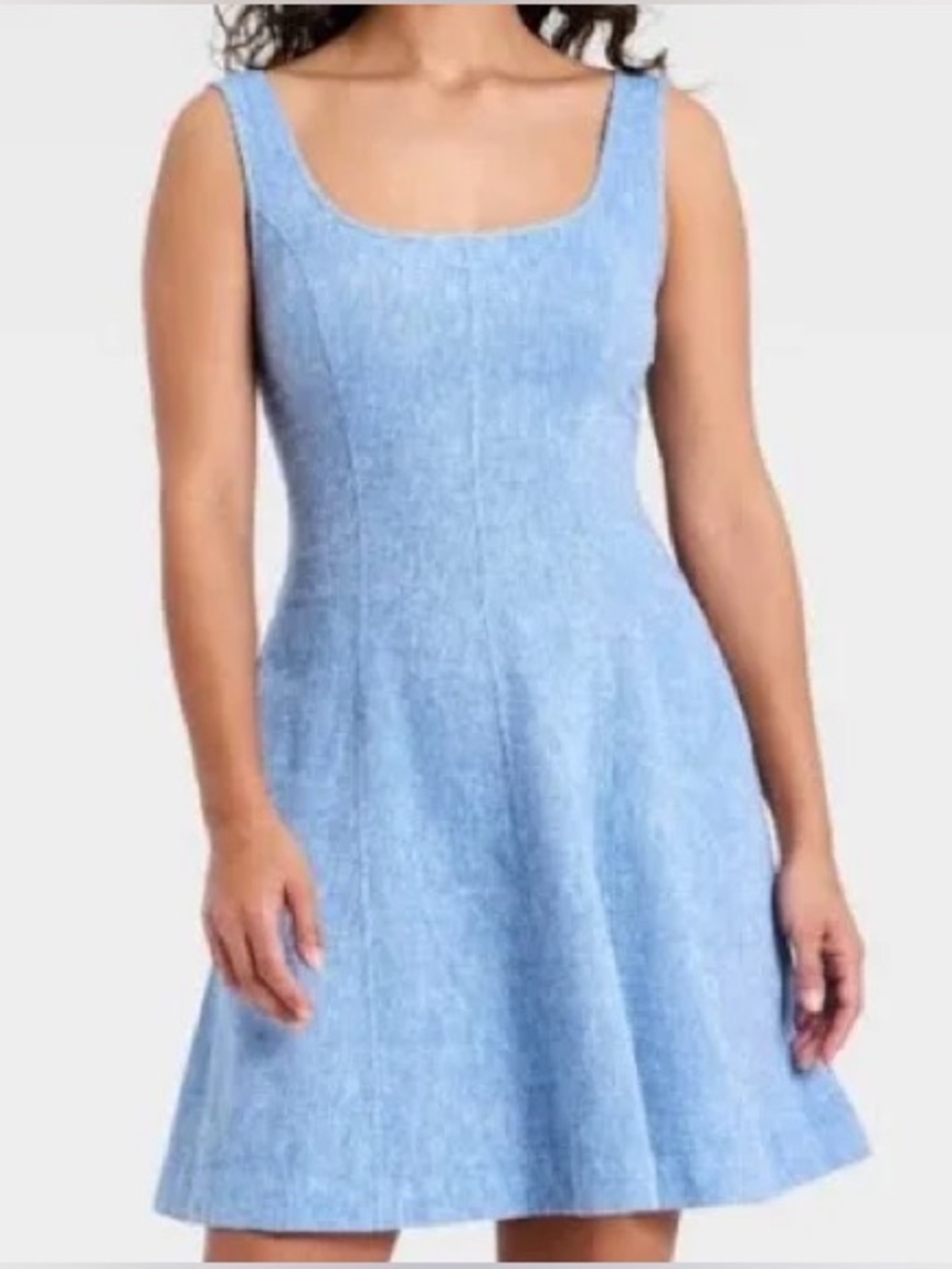 NWT Universal Thread Blue Chambray Linen Scoop Neck A-Line Mini Dress Size Small